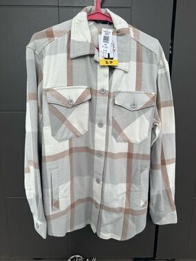 Neutral Plaid Button-Up Shacket - Cream & Taupe
